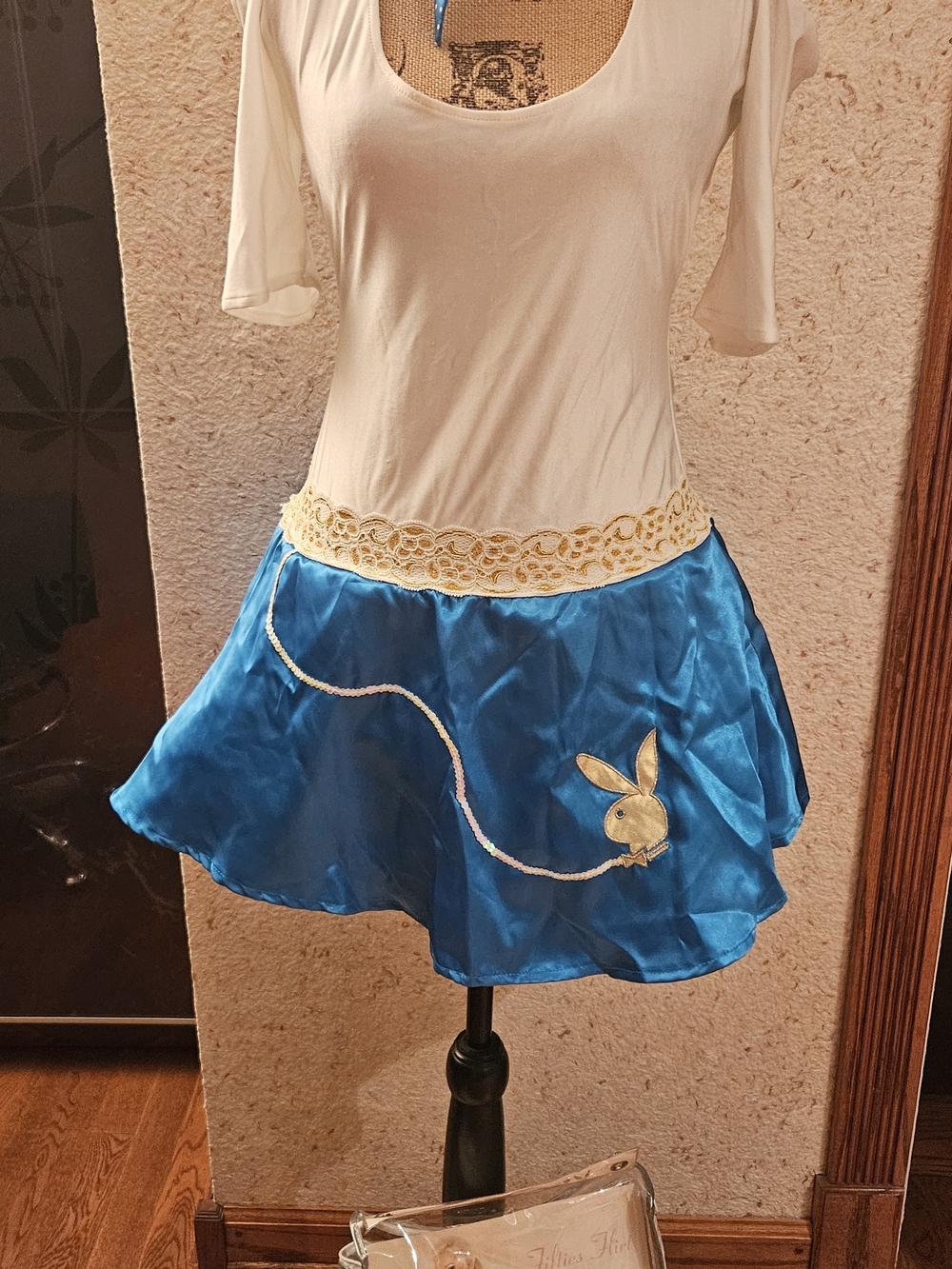 PLAYBOY Blue Satin Circle Skirt with Bunny Applique